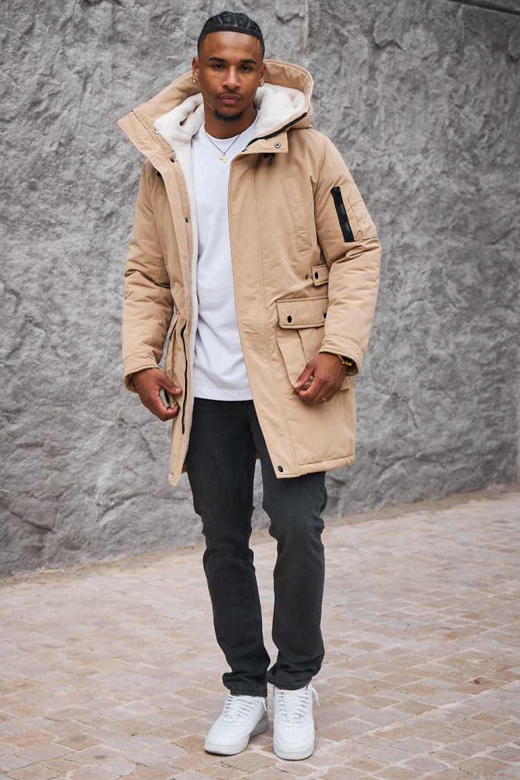 Parka beige à capuche longue à poches