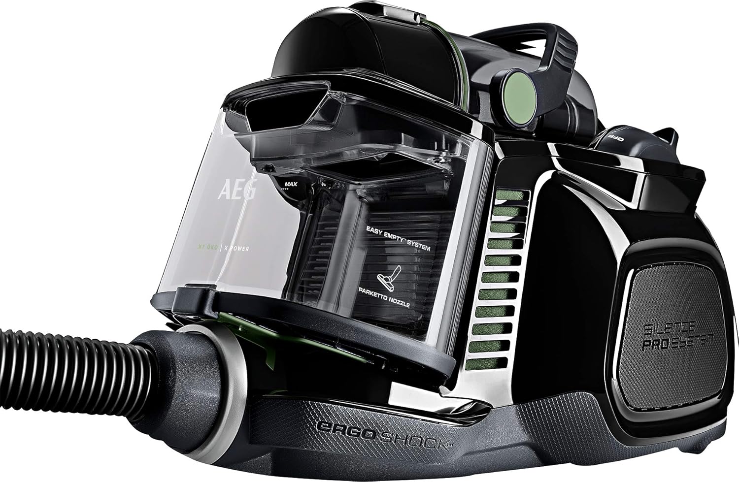 AEG LX7-2-ÖKOX Staubsauger ohne Beutel (55% Recyclingmaterial, inkl. Zusatzdüsen, 750 Watt, 9 m Aktionsradius, 1,4 l Staubbehälter, ergonomischer Handgriff, waschbarer Hygiene Filter, schwarz/grün)