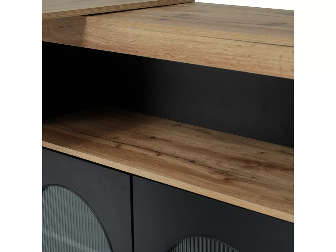 Meuble de bar pivotant - 2 portes, 3 étagères de rangement & niche - MDF plateau effet bois - LEDs - Naturel et noir