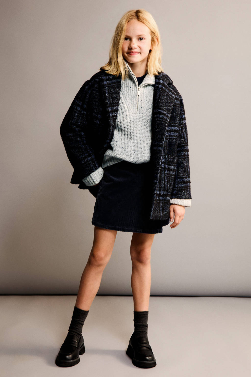 Mango Kids geruitewinterjas donkerblauw