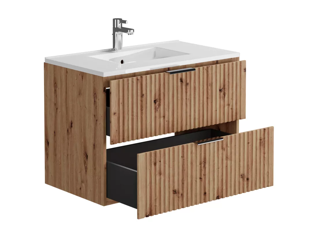 Meuble de salle de bain suspendu strié avec vasque à encastrer et colonne - Coloris naturel clair - 80 cm - ZEVARA