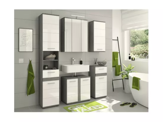Colonne de salle de bain WILLIAM 2 portes et 1 tiroir – Blanc et gris foncé