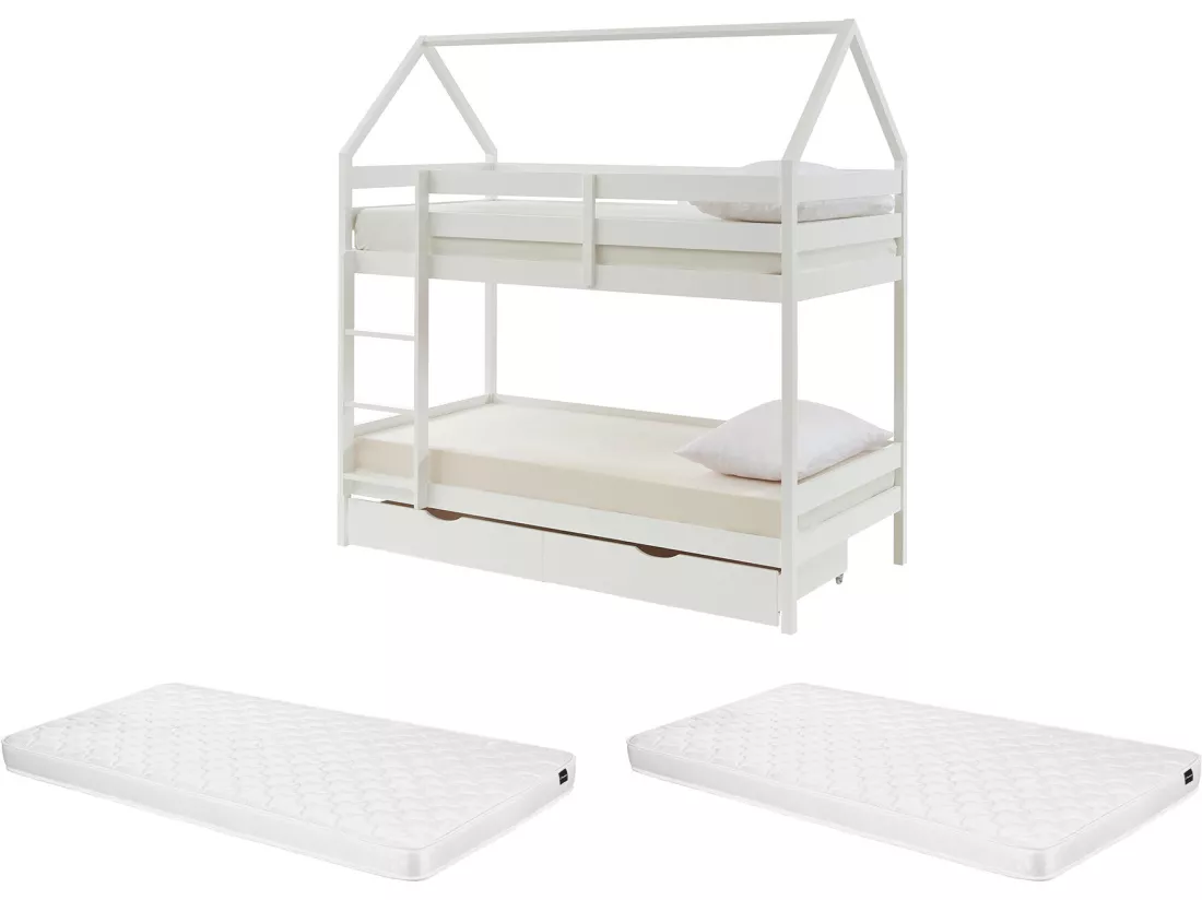 Lits superposés cabane 2 x 90 x 190 cm - 2 tiroirs - Pin - Blanc + Matelas - CHORI