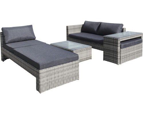 Garden Place Chicago 4-persoons tuinmeubelset, 4-delig, inclusief 2 bijzettafels (89 x 56 x 30 cm en 99 x 41 x 56 cm), grijs polyrotan, inclusief zitkussens