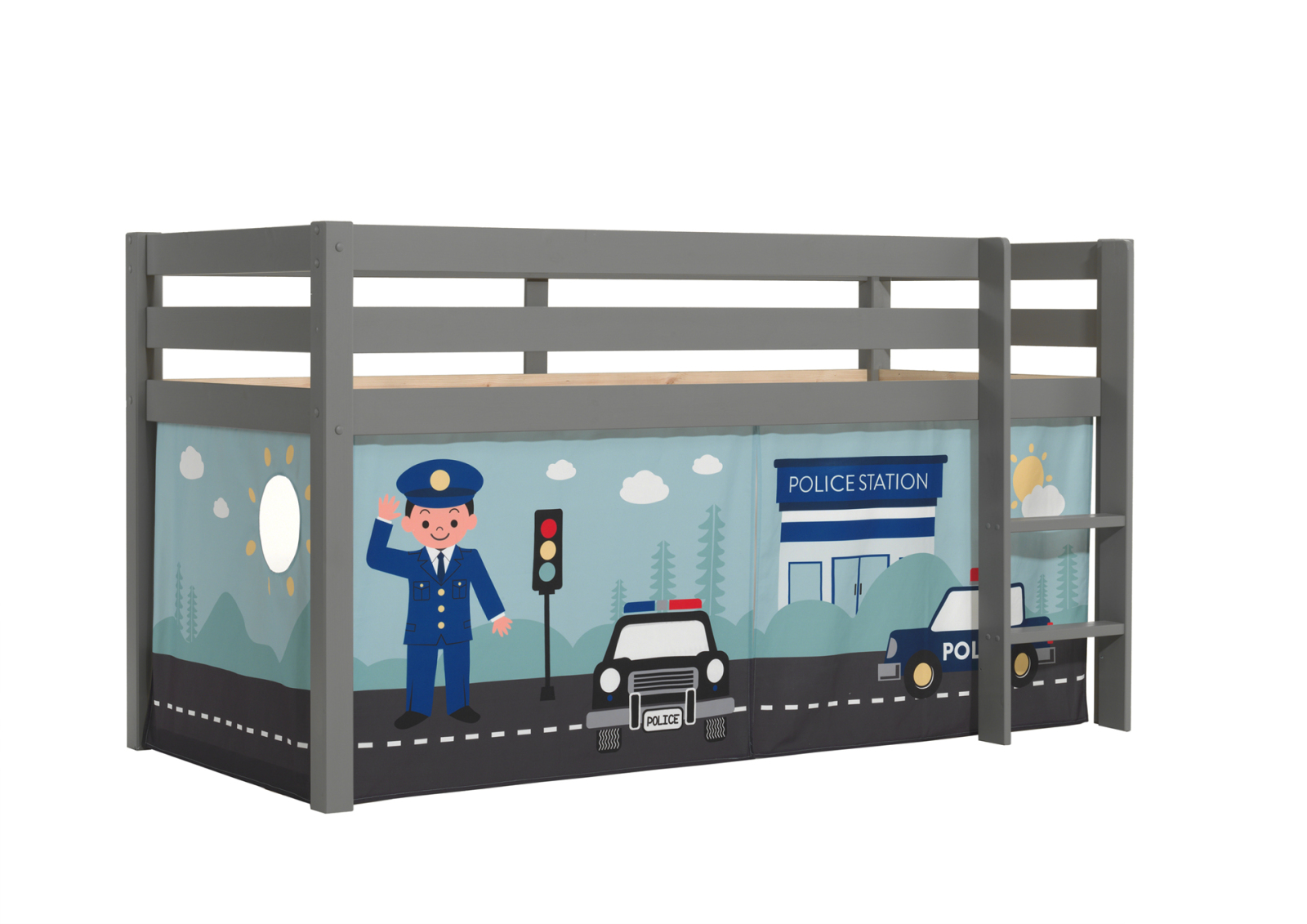 Halbhochbett PINO - POLICE - Kiefer grau Massivholz - 90x200 cm