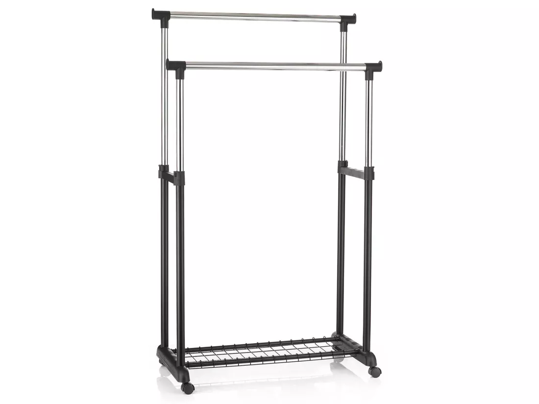 Portant à vêtements GROSSO penderie double sur roulettes vestiaire mobile 2 barres de hauteur réglable et 1 tablette, chromé et noir