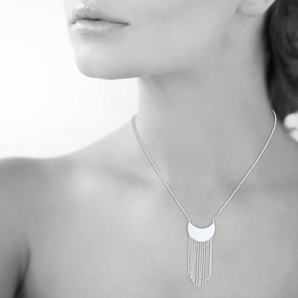 Collier croissant de lune chaînettes pendantes Argent 925 Rhodié
