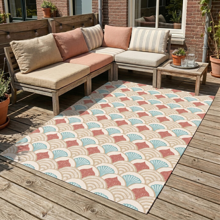 Buitenvloerkleed - Oasis Shell Blauw/Rood | OEKO-TEX & Wasbaar