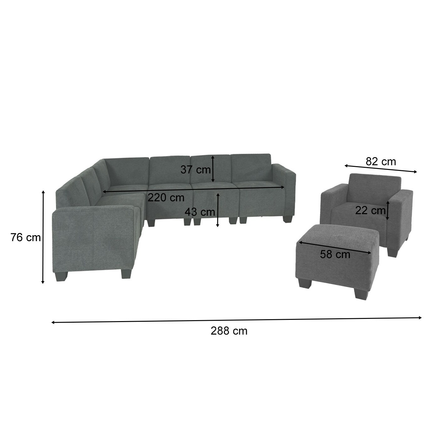Modular Sofa-System Couch-Garnitur Moncalieri 6-2, Stoff/Textil ~ grau
