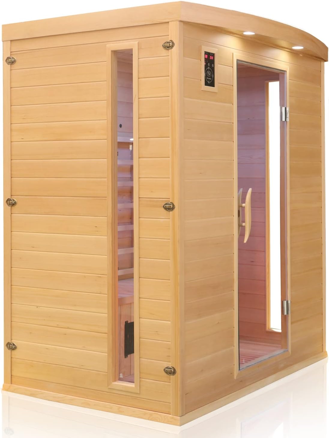 Dewello® Infrarotkabine Infrarotsauna Pierson 160x105 für 2-3 Personen aus Hemlock Holz mit Vollspektrumstrahler, Bodenstrahler, LED-Farblicht, Bluetooth, FM,MP3,USB