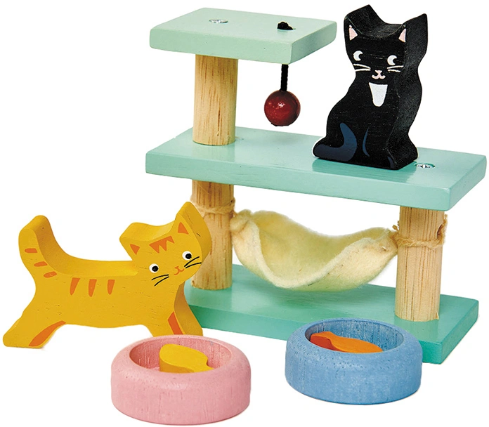 Puppenhaus-Zubehör KATZEN MIT SPIELTURM 7-teilig