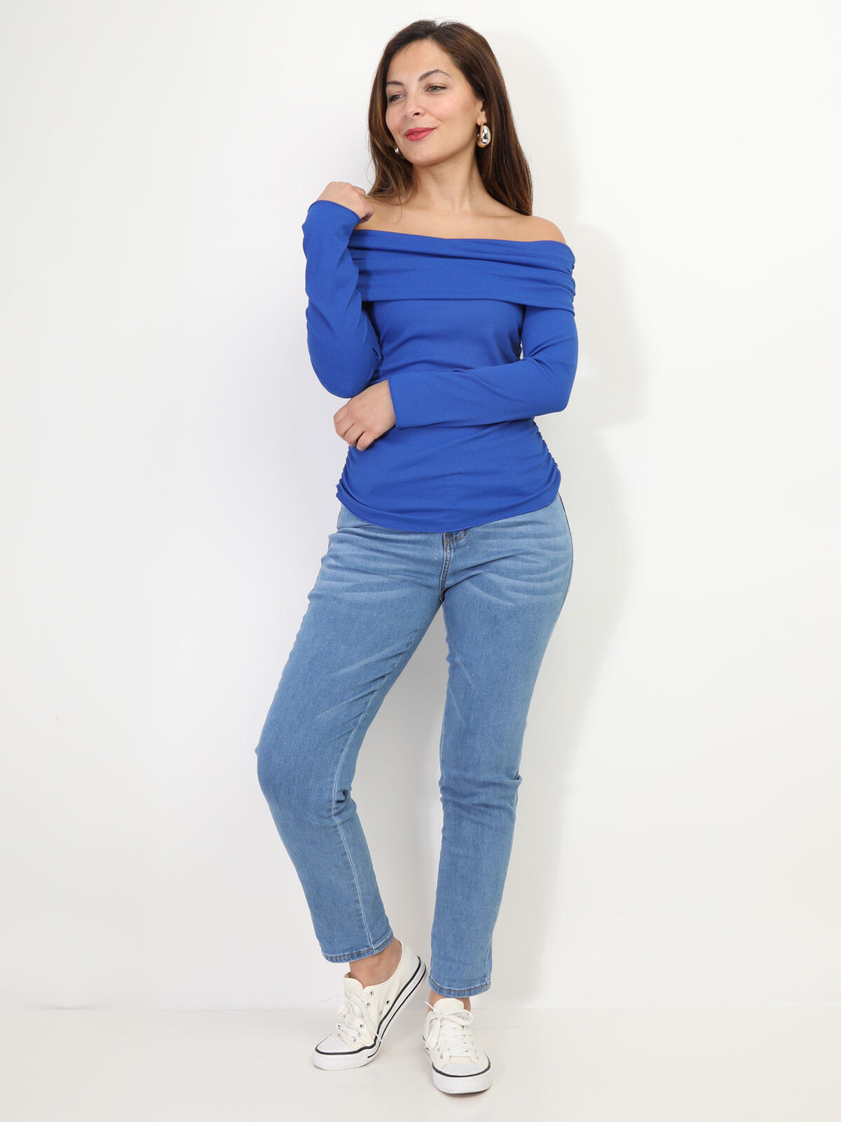Top col bardot et fronces- Bleu