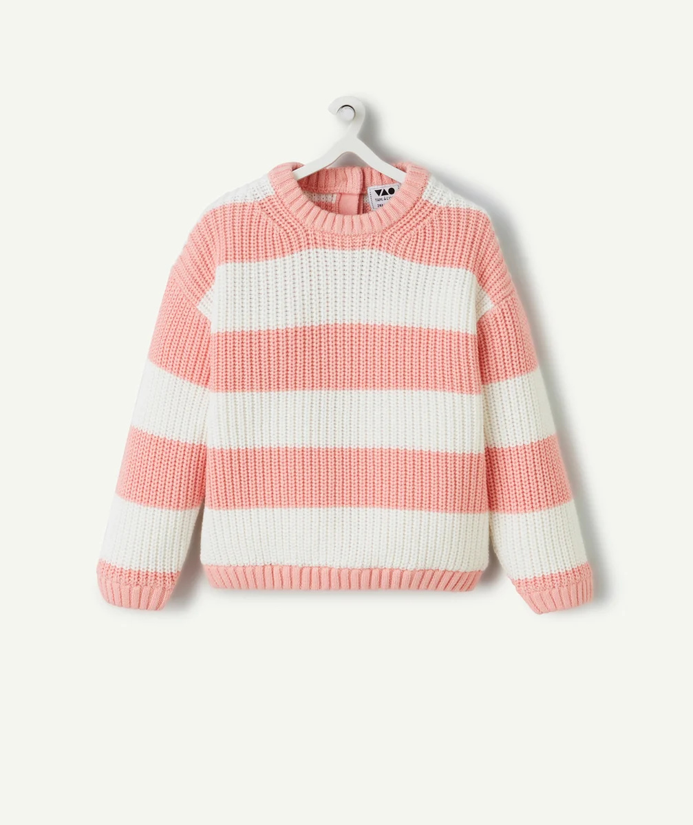 PULL TRICOT BÉBÉ FILLE EN COTON BIO AVEC RAYURES ROSE ET BLANC
