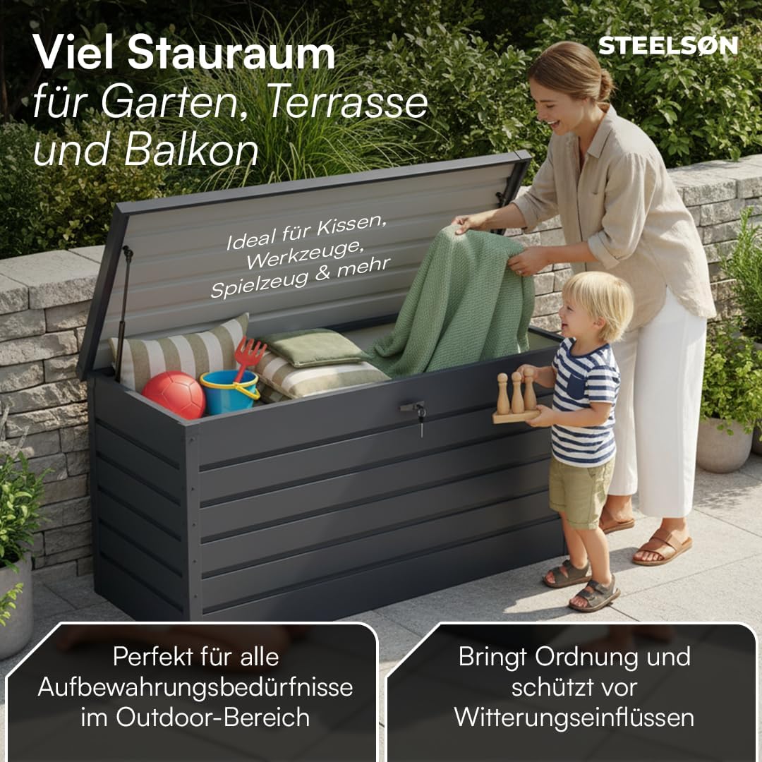 STEELSØN Dorado Gartenbox aus verzinktem Metall 600 Liter – Outdoor Box wasserdicht Anthrazit – Auflagenbox abschließbar mit klappbarem Deckel – Aufbewahrungsbox Garten/Balkon/Terrasse 165x70x63 cm
