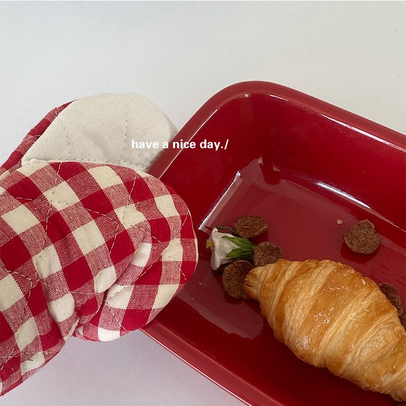 Hashi - Geruite linnen katoenen ovenwant / hittebestendige pad / set