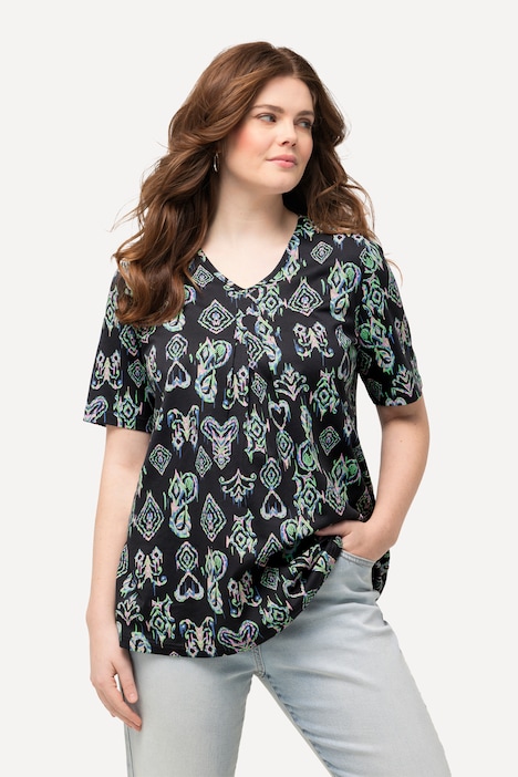 T-Shirt, Zierfalten, A-Linie, V-Ausschnitt, Halbarm