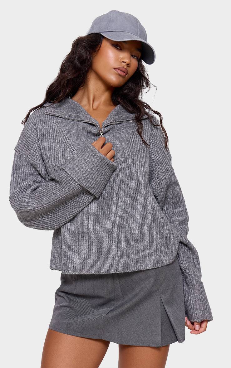 Charcoal Grey Synthétiquell Demi-zip En Maille Épaisse Chiné