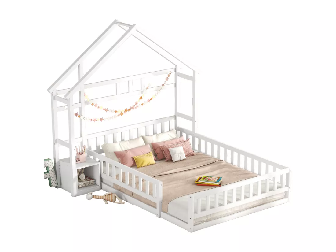 Lit d'enfant, 140 x 200 cm, lit plat, lit familial avec garde-corps, lit d'enfant avec tête de lit, blanc