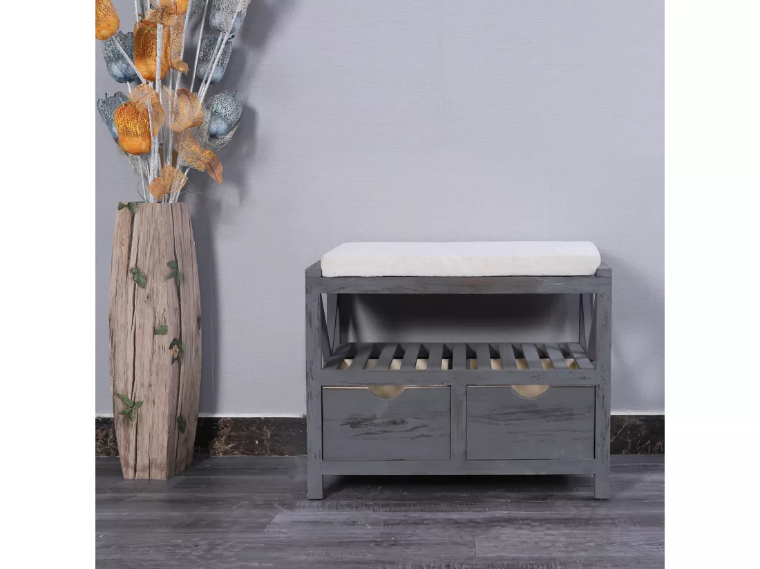 Banc Banquette Assise 2 Tiroirs Bois Gris Shabby Chic 43x65x34