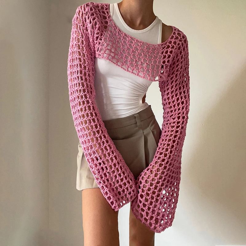 Rosesand - Effen gehaakte gebreide crop top met klokmouwen