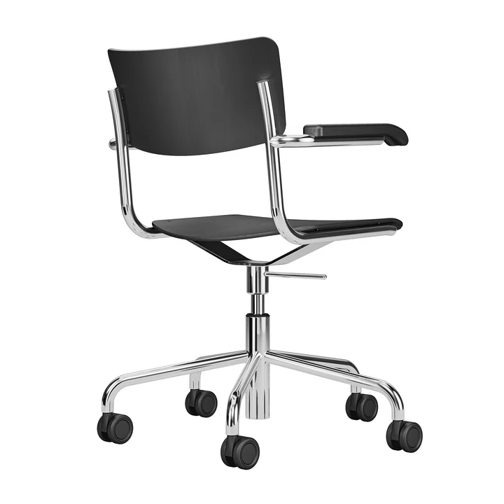 Thonet - S 43 FDR Bürostuhl mit Armlehnen, Alu schwarz / Buche schwarz gebeizt