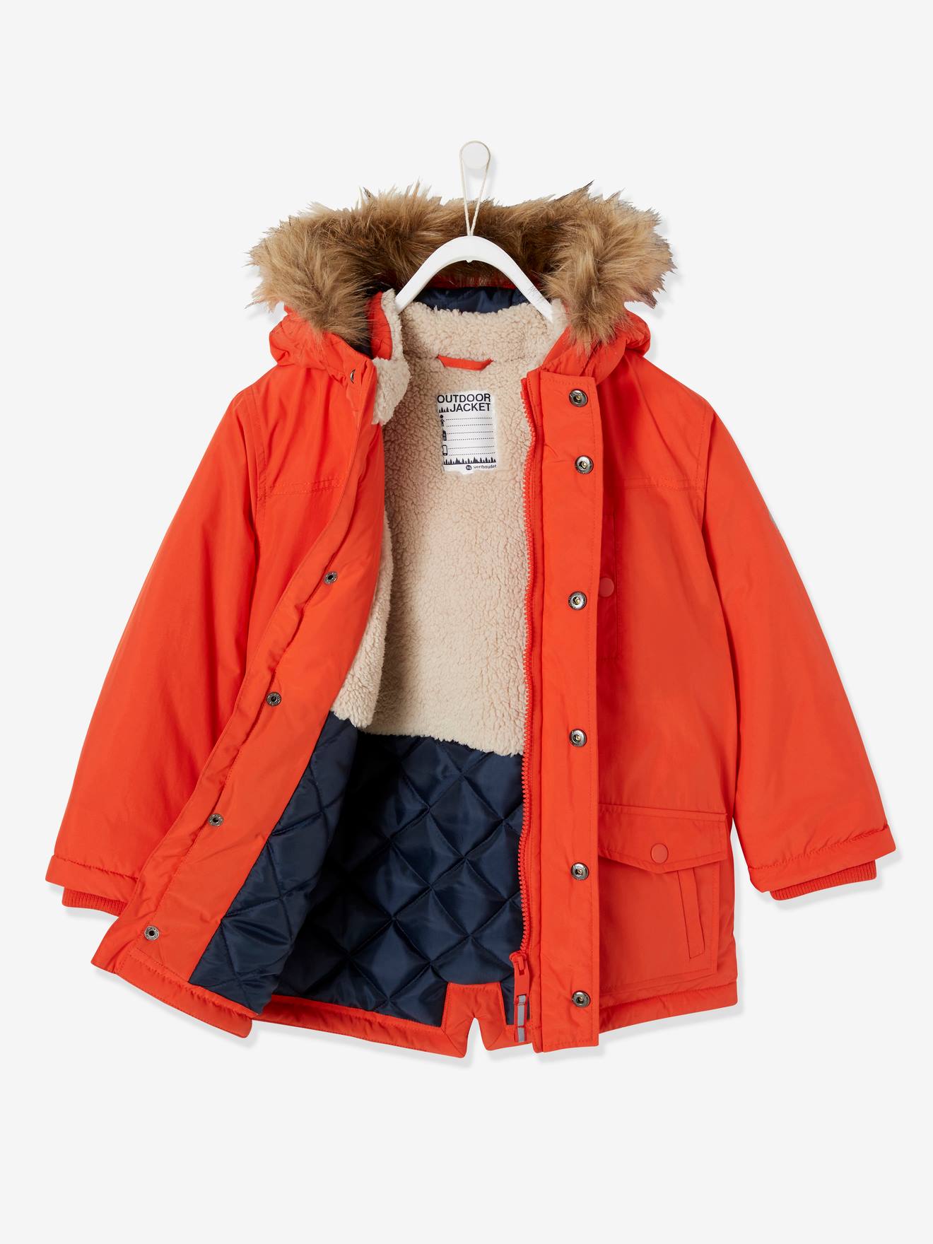 Parka técnica com capuz para meninos, laranja vibrante, lisa com estampa.