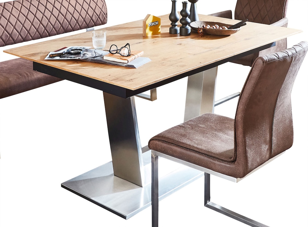 MONDO Esstisch COMEDOR 160-210 x 100 cm Edelstahl /HPL 3D Boston Eiche