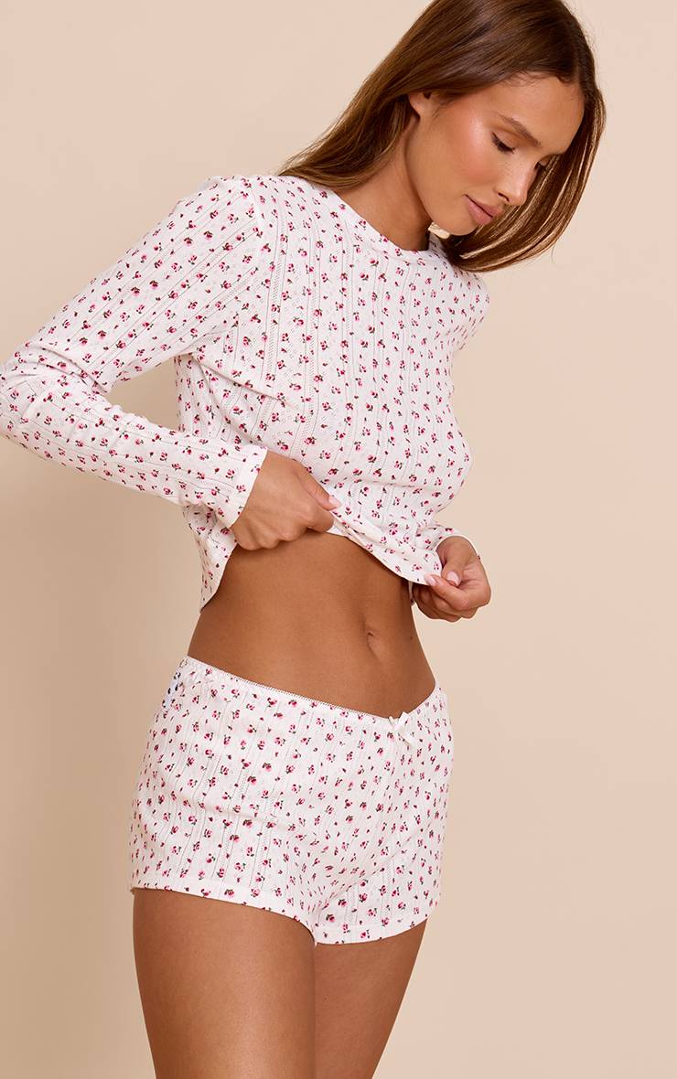 Multicolore Short De Pyjama Mini Ajusté Pointelle À Motif Fleuri Blanc