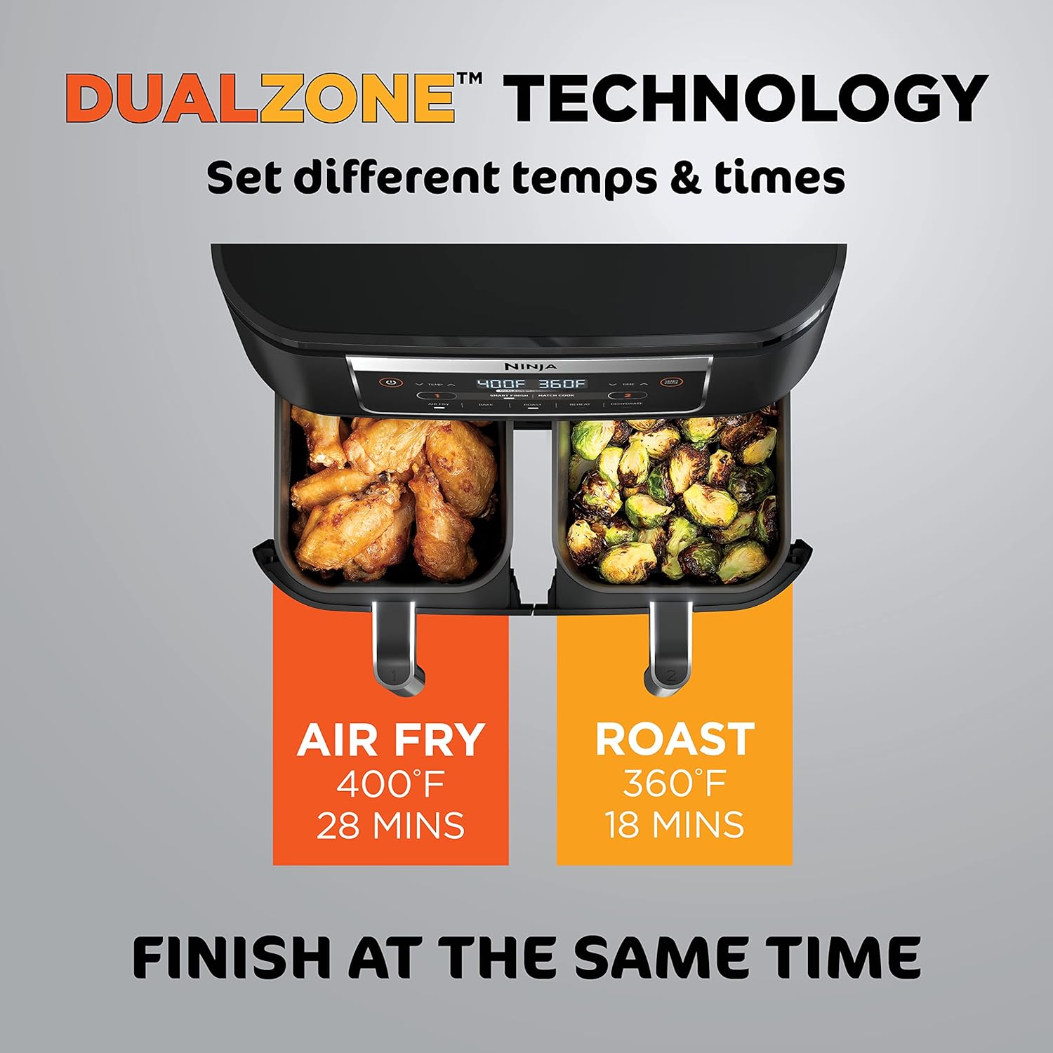 Ninja DZ090 Foodi – Friteuse à air 5 en 1 DualZone à 2 paniers avec 2 paniers de friture indépendants, Match Cook & Smart Finish pour rôtir, cuire, déshydrater et plus encore pour des collations