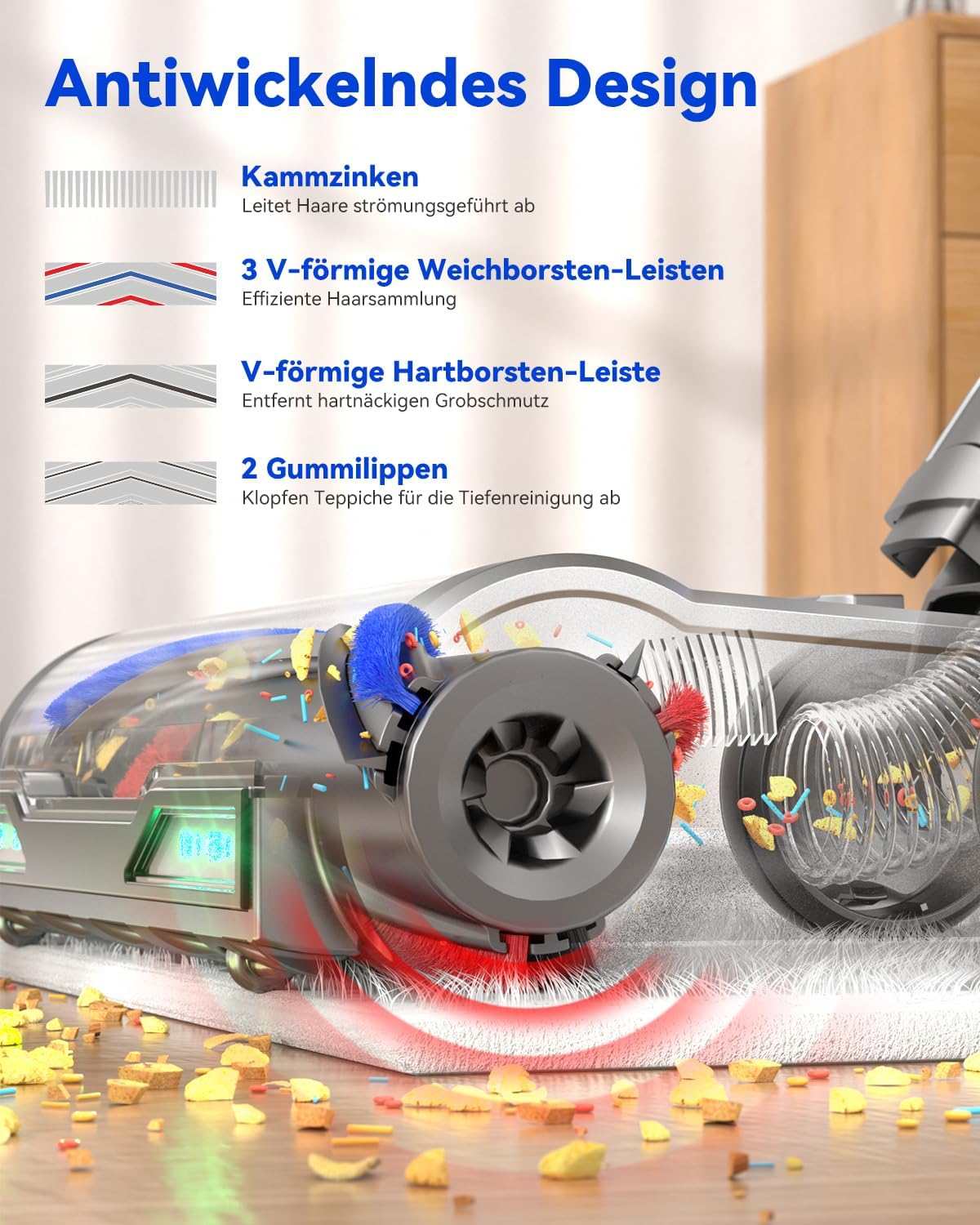 H9 Akku Staubsauger 58000Pa/650W/80Min, Staubsauger Kabellos mit LED-Touchscreen, Selbststehender Akkustaubsauger, Upgrade Anti-Tangle Bodenbürste für Tierhaare/Teppiche/Hartböden, Blau