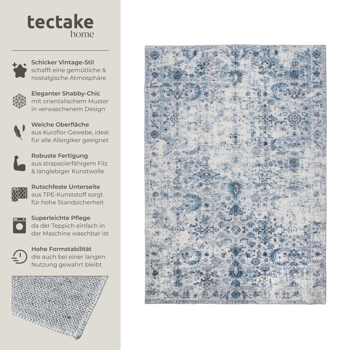 Vintage design vloerkleed tectake Amara, diverse maten, antislip achterkant