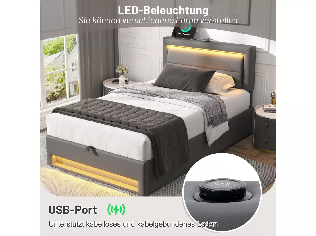 Lit coffre 90 x 200 cm avec tête de lit - Prises USB et LEDs - Cuir PU - Sommier à lattes - Gris(sans matelas)