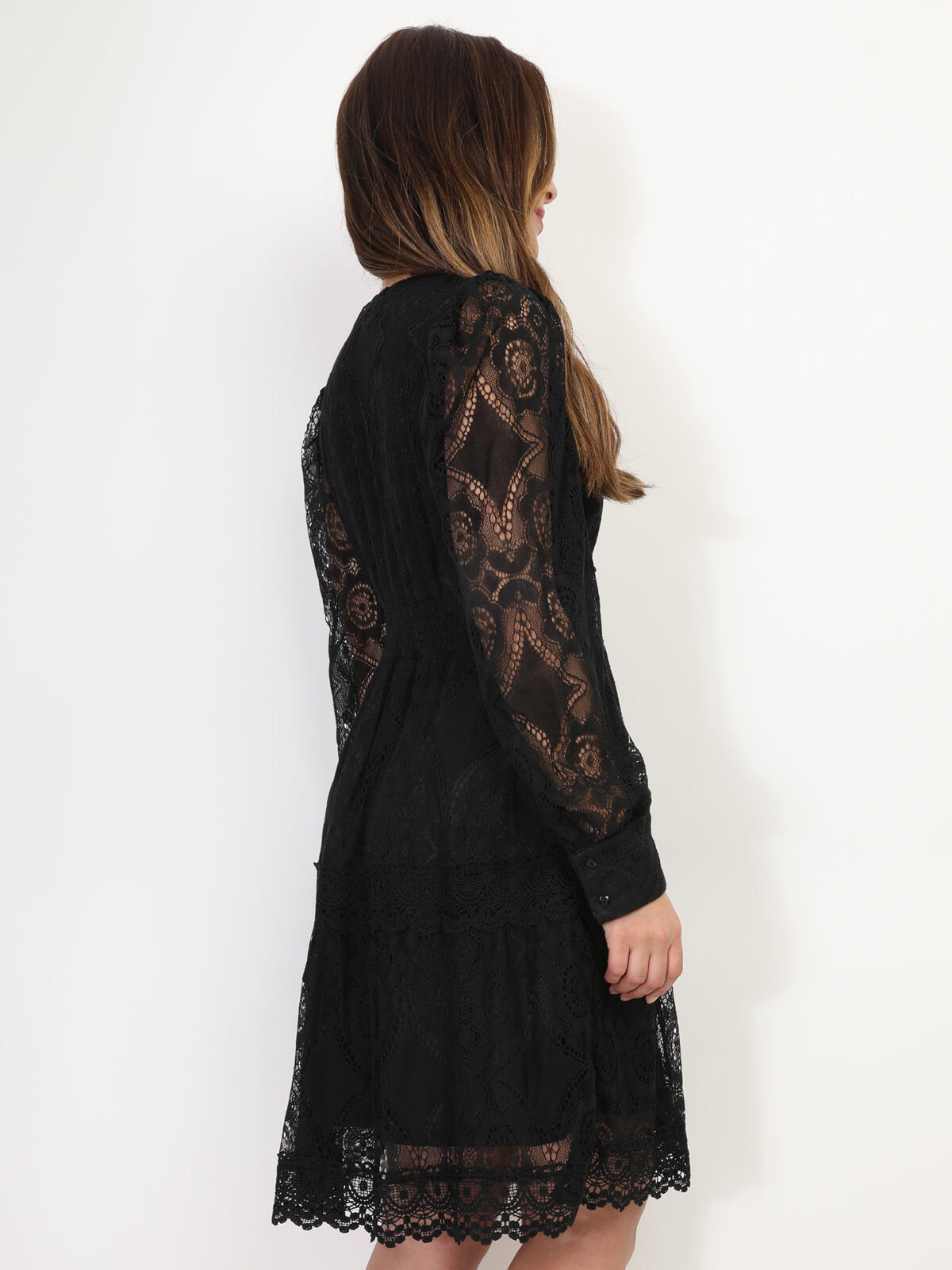 Robe chemisier en dentelle et crochet- Noir