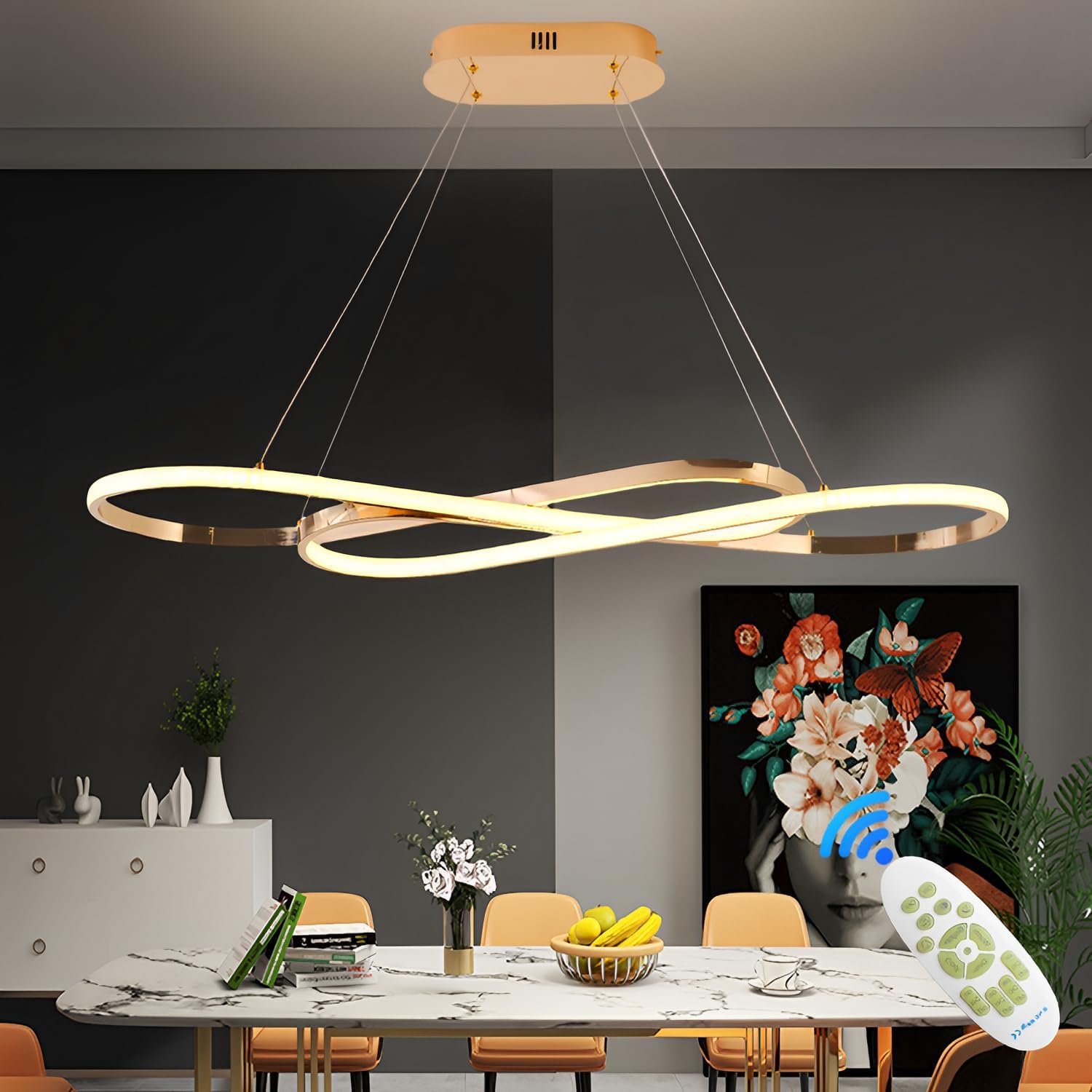 57W Dimmbare LED Pendelleuchte, Doppelfigur 8 Design Hängeleuchte mit Fernbedienung, Pendellampe Hängend Höhenverstellbar, Hängelampe für Wohnzimmer, Esstisch, Esszimmer, Küche, Gold