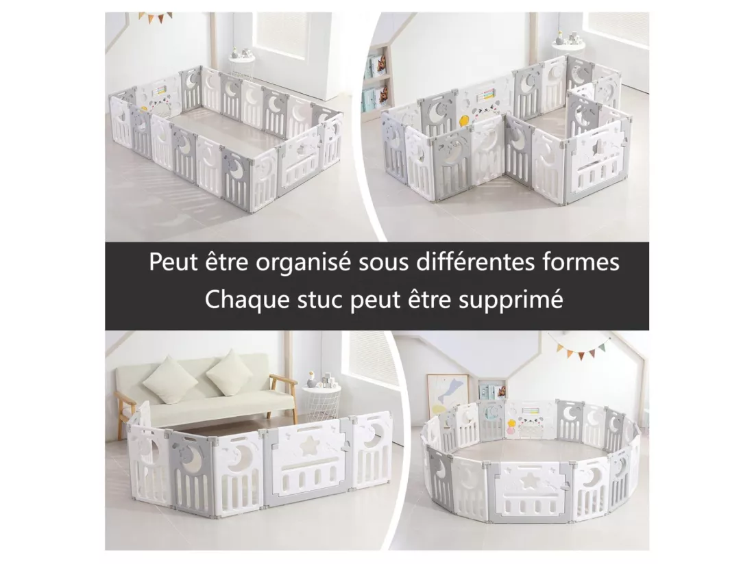 Parc Bebe Dripex - en Plastique Ecologique Gris - 16+2 Panneaux - avec Porte - 190 x 190 x 61 cm