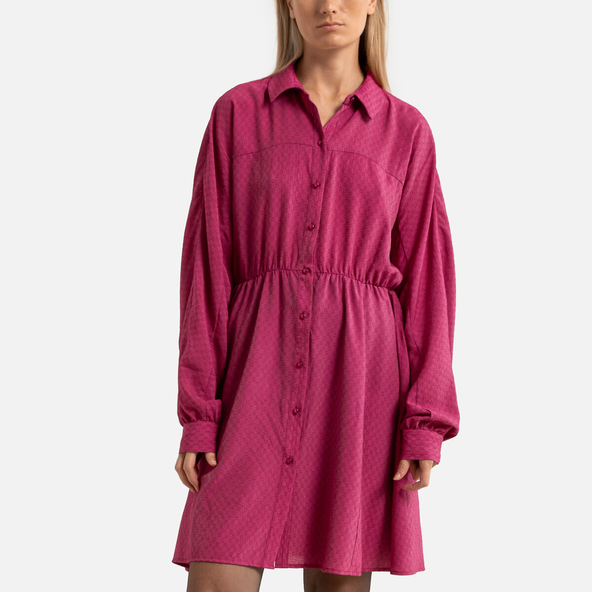 ATÉ BREVE<br>Vestido curto de cetim com estampa jacquard e gola de camisa
