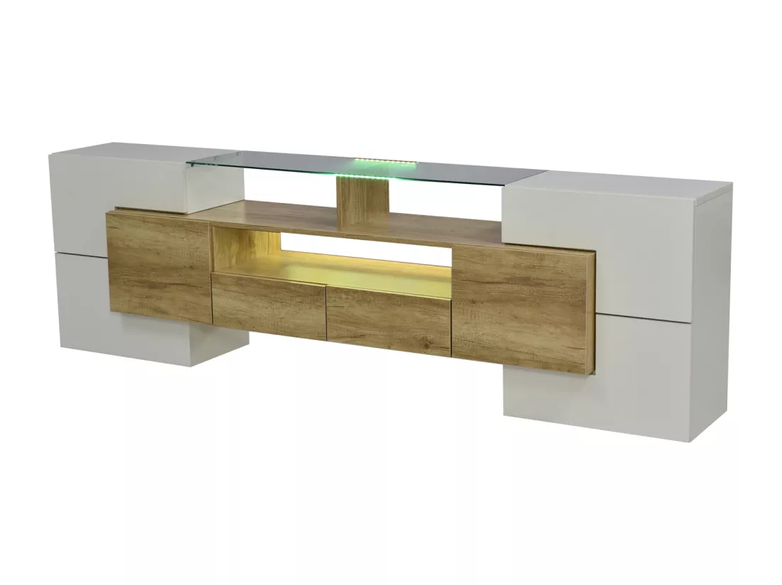 Meuble TV - 200x38x48cm LED brillant blanc et gris - finition verre - 6 portes de rangement 2 tiroirs 3 compartiments - coloris