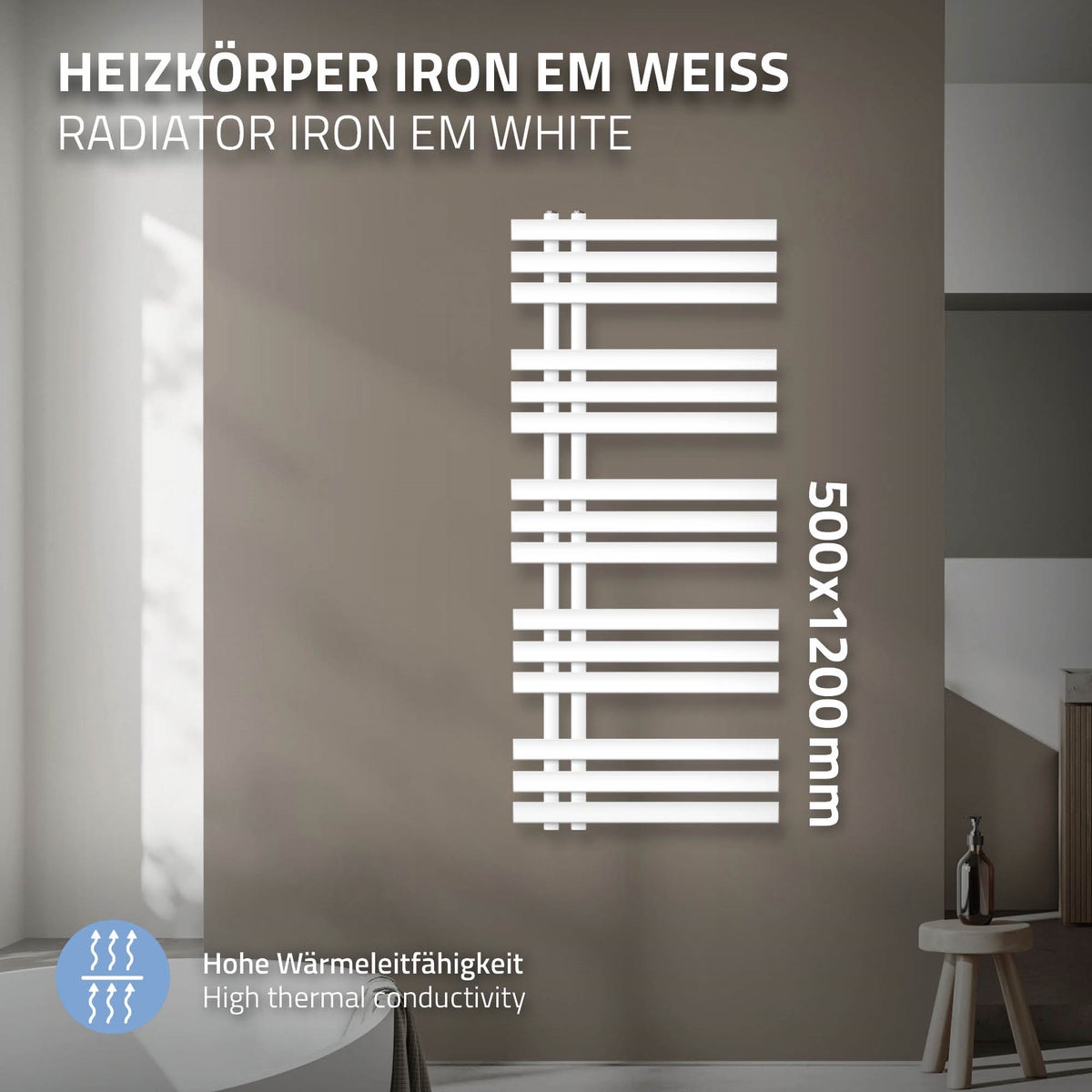 LuxeBath Design Badkamerradiator Iron EM 500 x 1200 mm, Wit, Designradiator Paneelradiator Platte radiator Handdoekverwarmer Handdoekdroger Badkamer/Woonkamerverwarming, incl. montageset