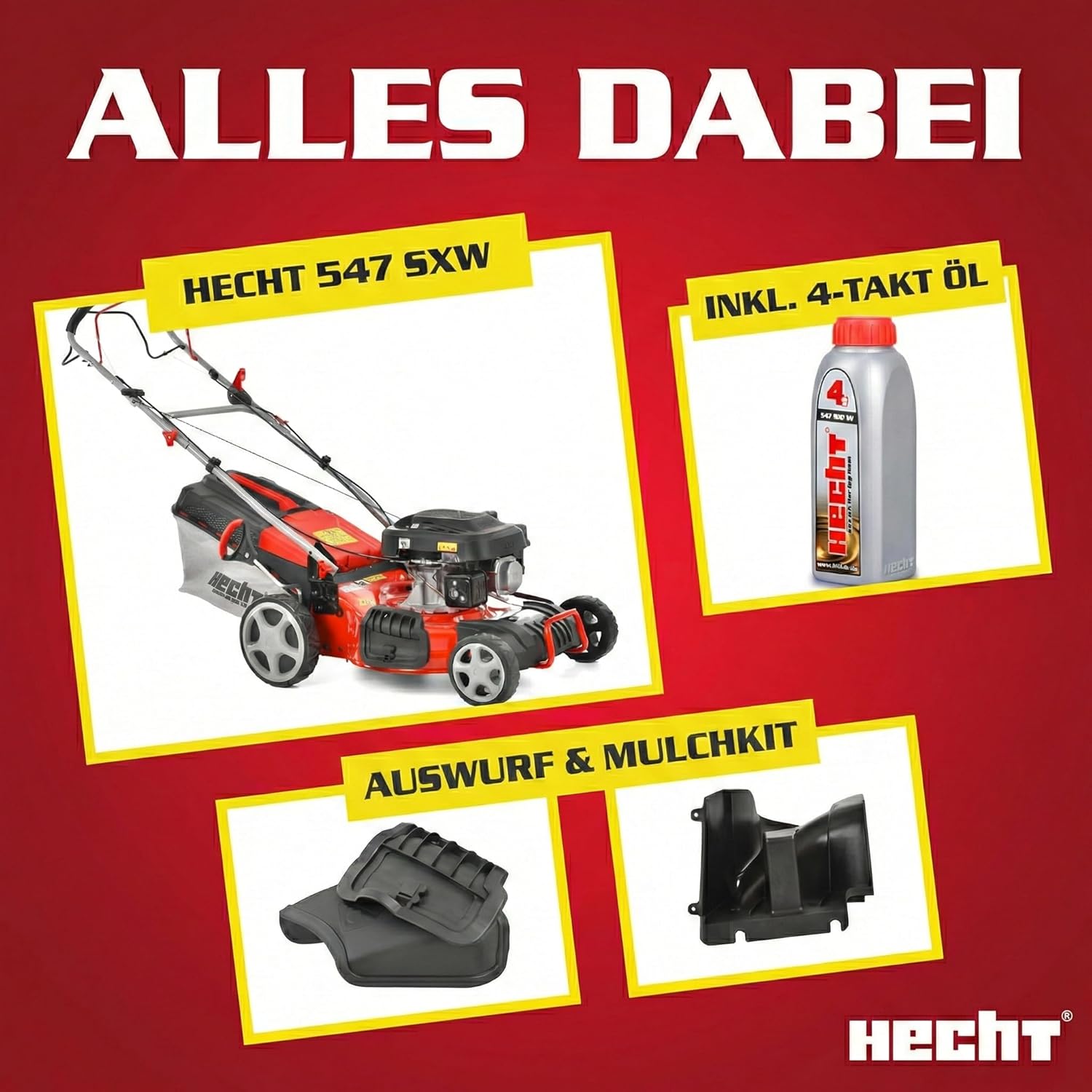 HECHT 5IN1 Rasenmäher Benzin – Bequemer Selbstantrieb - Für Flächen bis 1000 m² - Starker 4 Takt Motor mit 46 cm Schnittbreite – Radantrieb – Mulchfunktion – Seitenauswurf - Rasenmäher Benzin