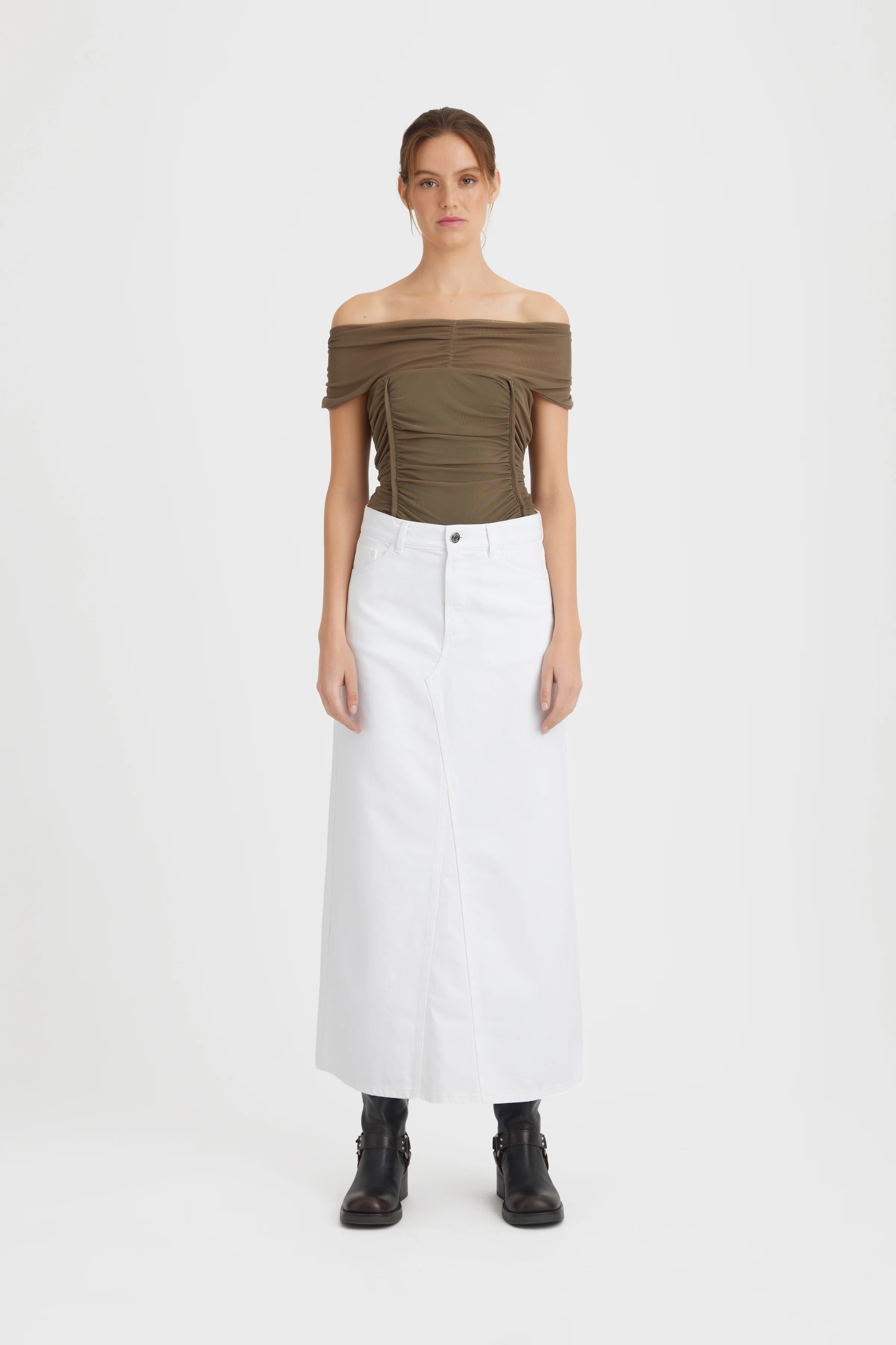 GESTUZ  Mily lang denimnederdel - White wash