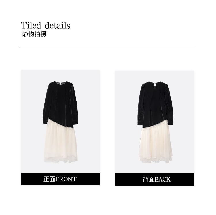 Hazie - Midi-jurk met lange mouwen en mesh fluwelen paneel
