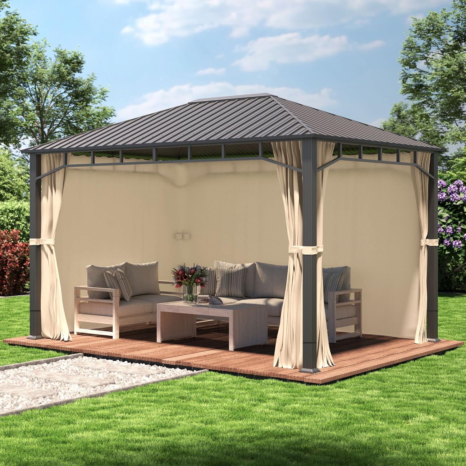 TOOLPORT Gartenpavillon 3x4 m Stahldach Hardtop 4 Seitenteile in Champagner, Pfosten 9x9 cm