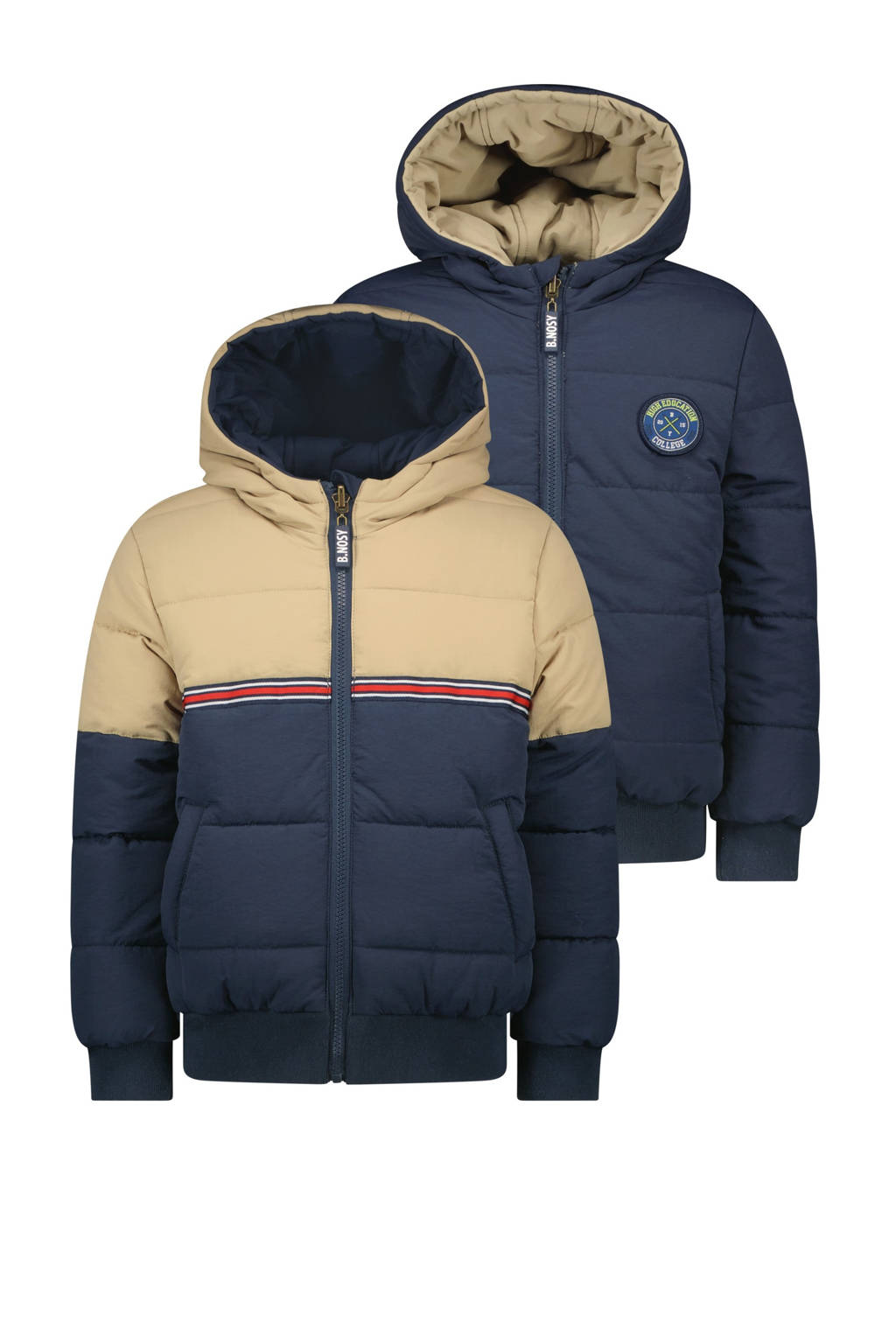 Mooie luxe winterjasreversible gewatteerde winterjas Joah donkerblauw/beige