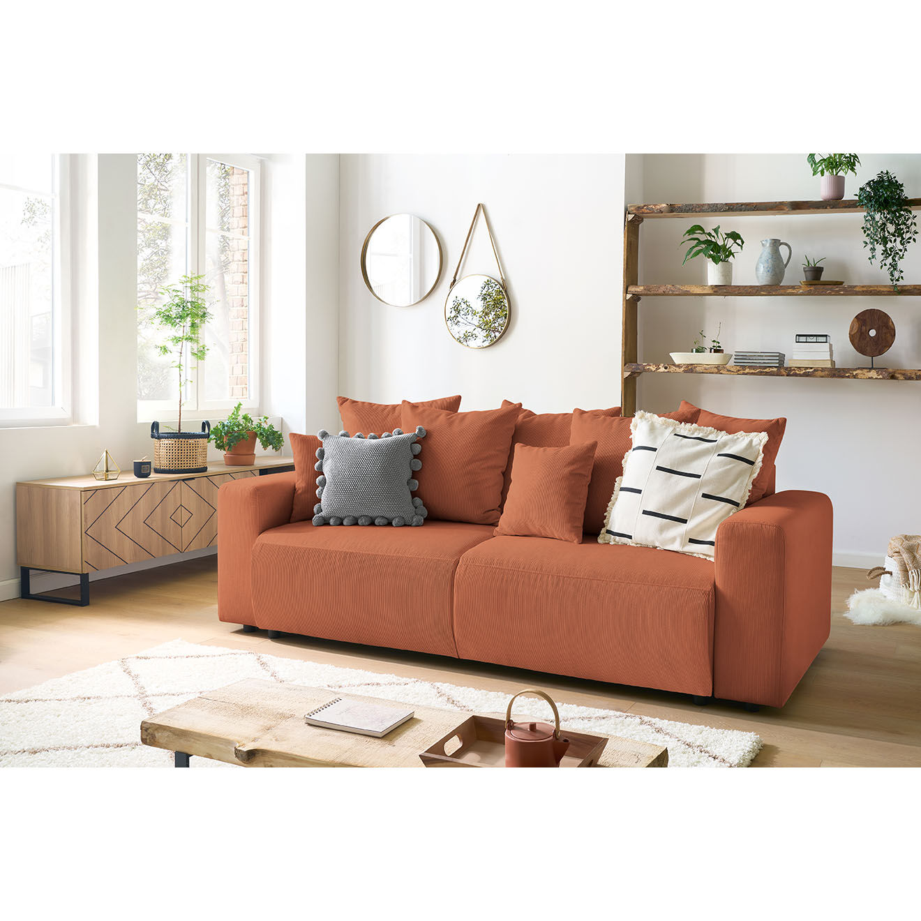 Bobochic Canapé 3 places convertible velours côtelé Envy orange - 245x102x88 cm