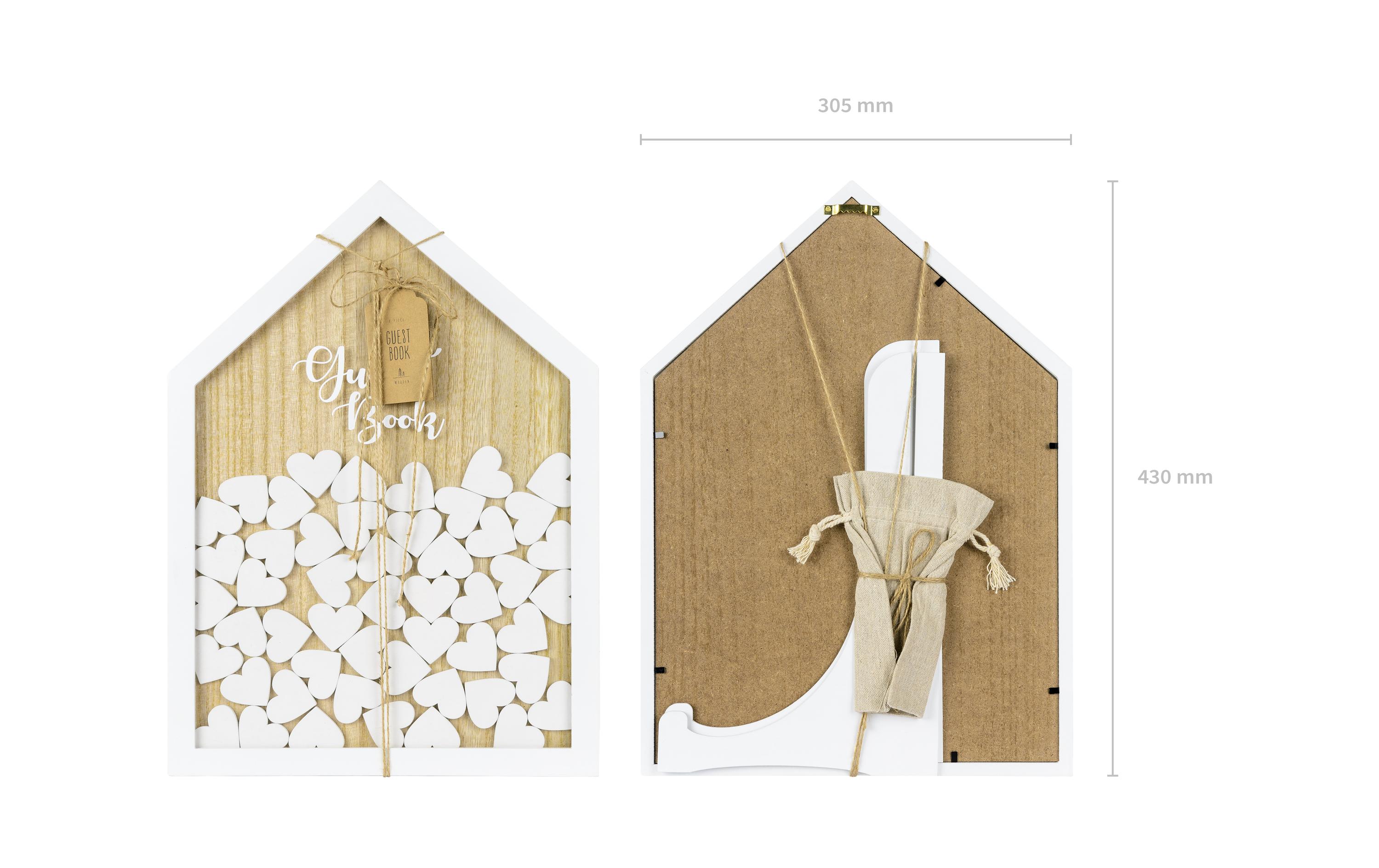 Hochzeitsaccessoire Gästebuch mit 50 Herzen, Weiss/BraunHaus aus Holz als Erinnerung an die Hochzeit, den Geburtstag, die Einweihungsfeier oder die Babyshower