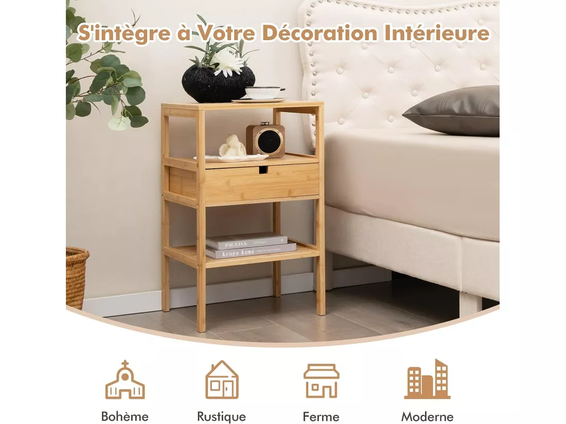 Table de Chevet en Bambou, Table de Nuit avec Tiroir et 3 Étagères, Chevet de Lit pour Chambre Adulte, Table d'Appoint Naturel, Bout de Canapé pour Salon, Masion, 40 x 40 x 68 cm