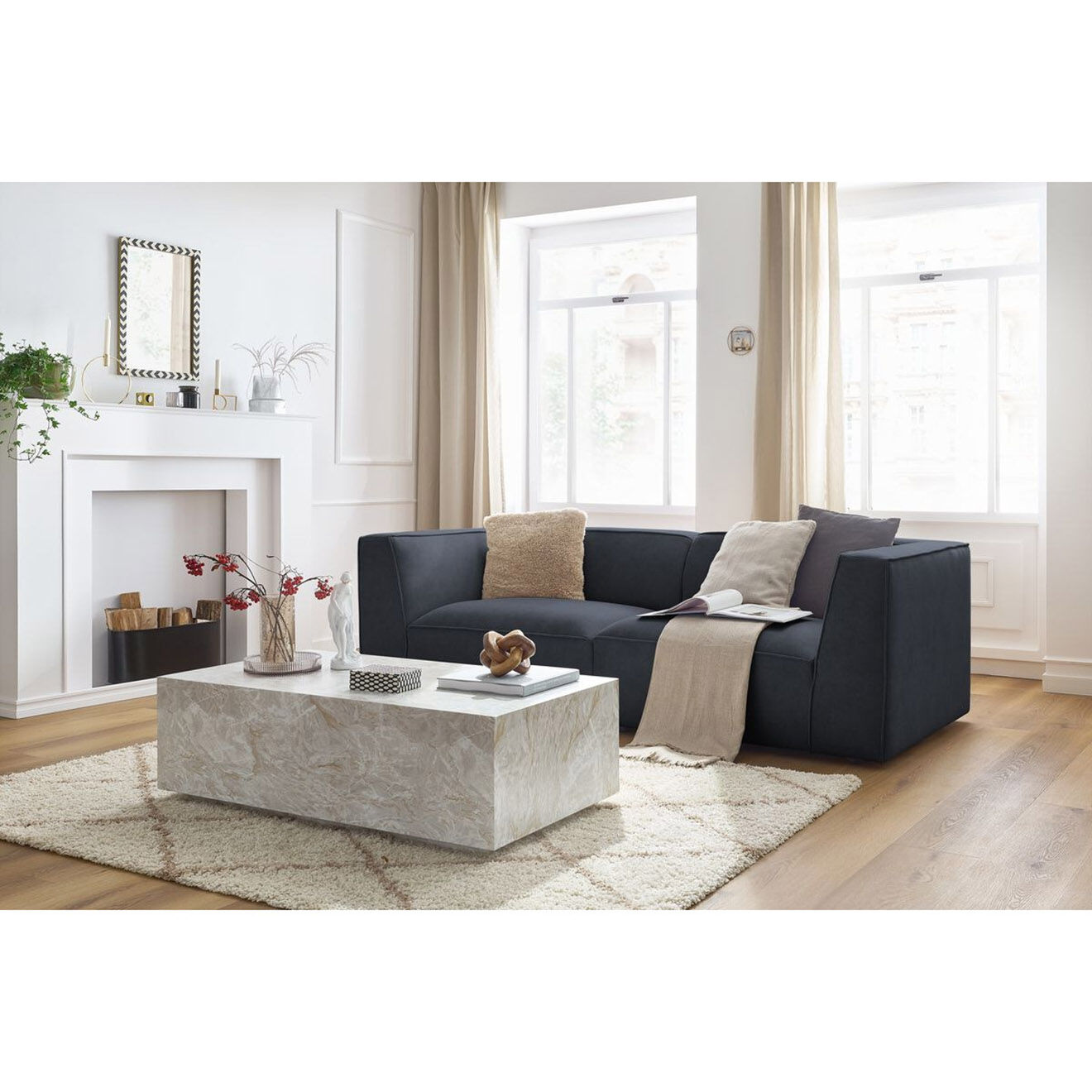 Bobochic Canapé droit fixe 3 places en Velours Molière bleu foncé - 233x99x71 cm