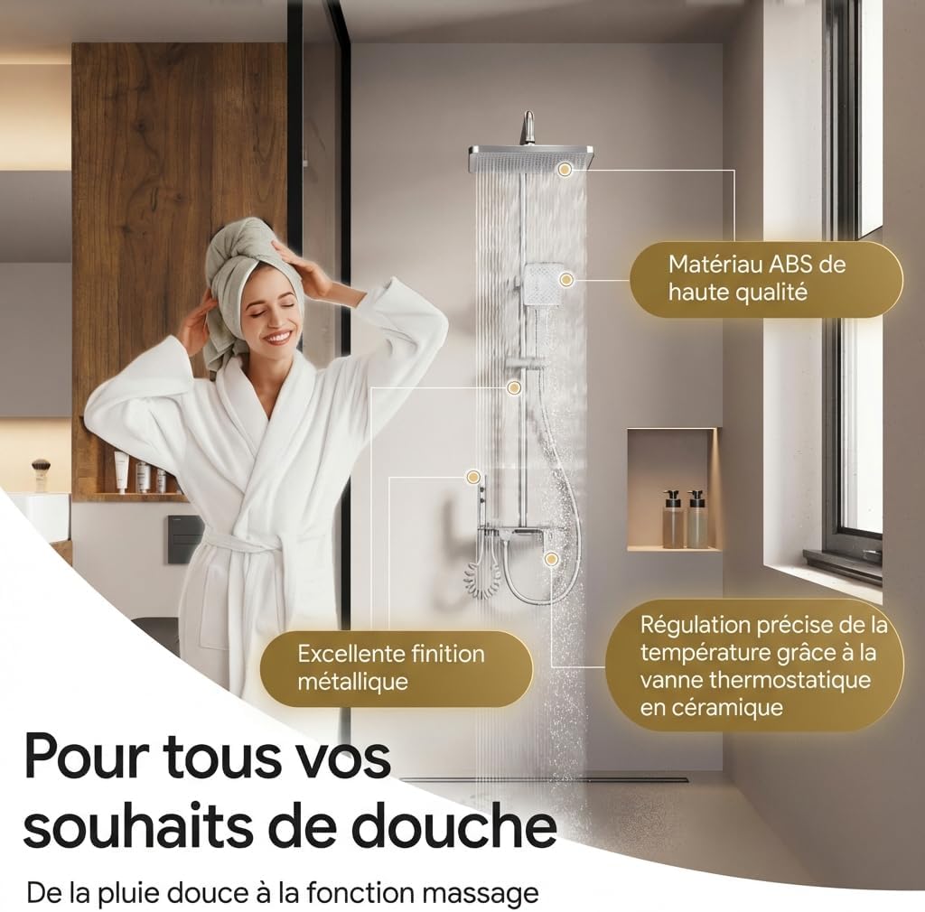 Duschsystem Komplettset für Bad & Dusche Regendusche mit 3-Funktions Handbrause | Thermostat Armatur Messing & Edelstahl Duschsäule Duschgarnitur & Duschbrause mit Ablage Anti Kalk Beschichtung chrom