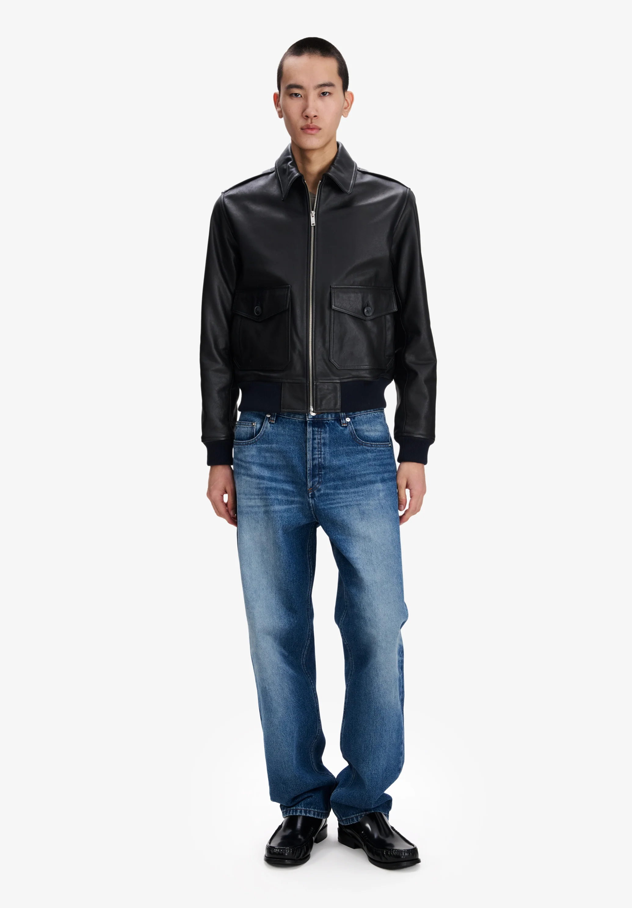 Blouson court en cuir noir - Noir
