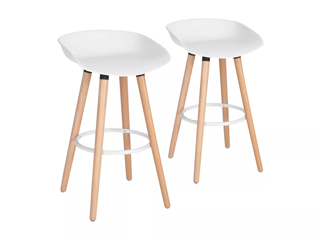 Lot de 2 tabourets de bar scandinave， Siège en plastique blanc, Pieds en bois, L45*D43.5*H77.5cm